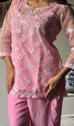 Load image into Gallery viewer, Women's Lucknowi Handcrafted Organza  Stitched Chikankari Kurta And Plazzo Set