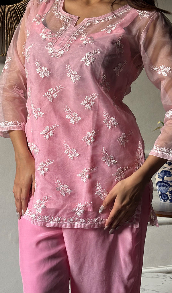 Women's Lucknowi Handcrafted Organza  Stitched Chikankari Kurta And Plazzo Set