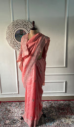 Load image into Gallery viewer, Women's Lakhnavi Handcrafted Tussar Silk Chikankari Saree - HONC0314578
