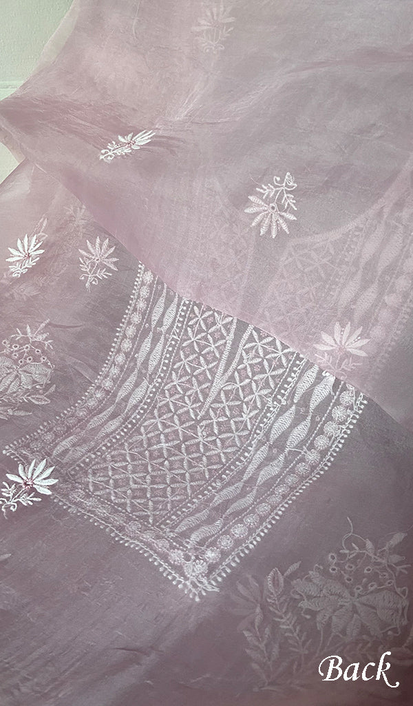 Women's Lakhnavi Handcrafted Pure Organza Chikankari Unstitched Kurta And Dupatta Set- HONC0329217