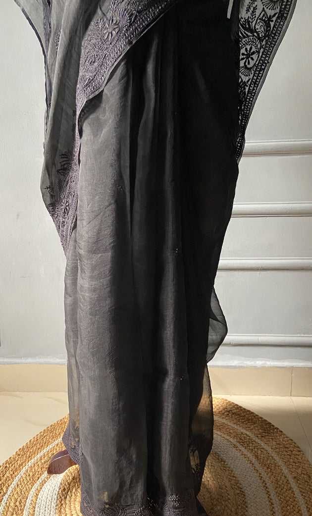 Women's Lucknowi Handcrafted Pure Organza Silk Chikankari Saree - HONC0236358