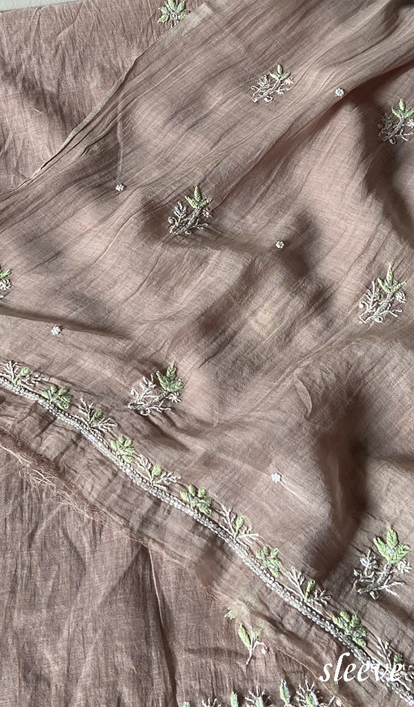 Women's Lakhnavi Handcrafted Mul Chanderi Unstitched Chikankari Full Suit Material - HONC0371975