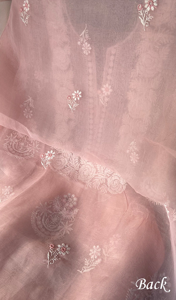 Women's Lakhnavi Handcrafted Pure Organza Chikankari Unstitched Kurta And Dupatta Set- HONC0342714
