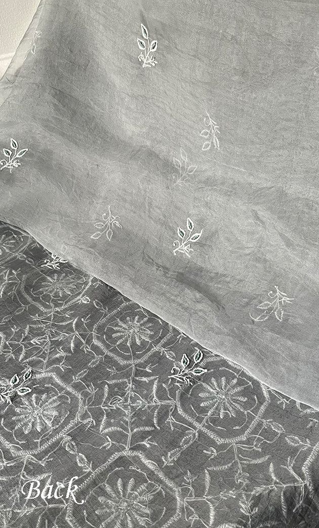 Women's Lakhnavi Handcrafted Pure Organza Chikankari Unstitched Kurta And Dupatta Set- HONC0319972