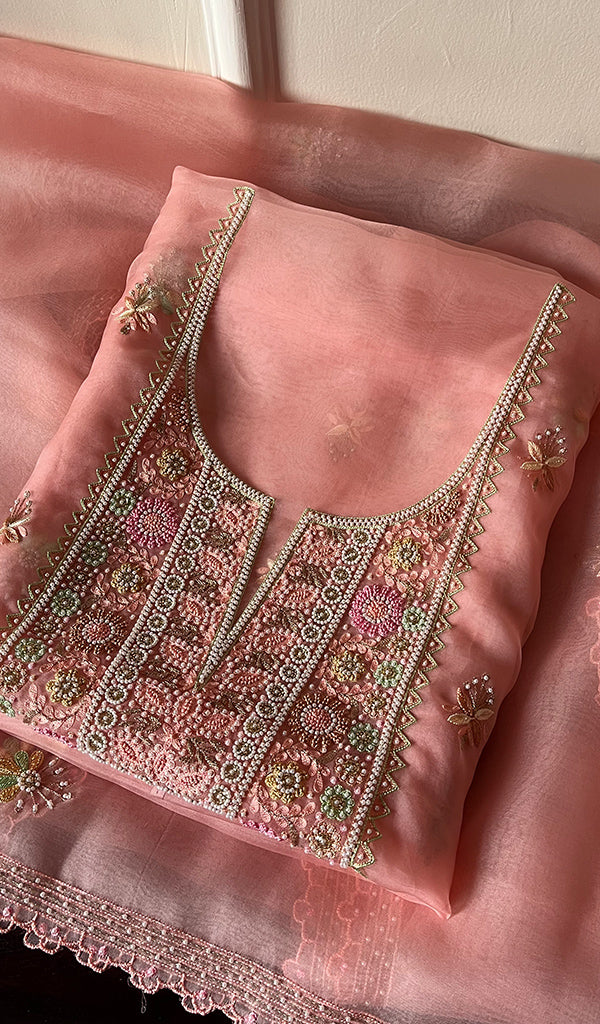 Women's Lakhnavi Handcrafted Pure Organza Chikankari Unstitched Kurta And Dupatta Set - HONC0267224