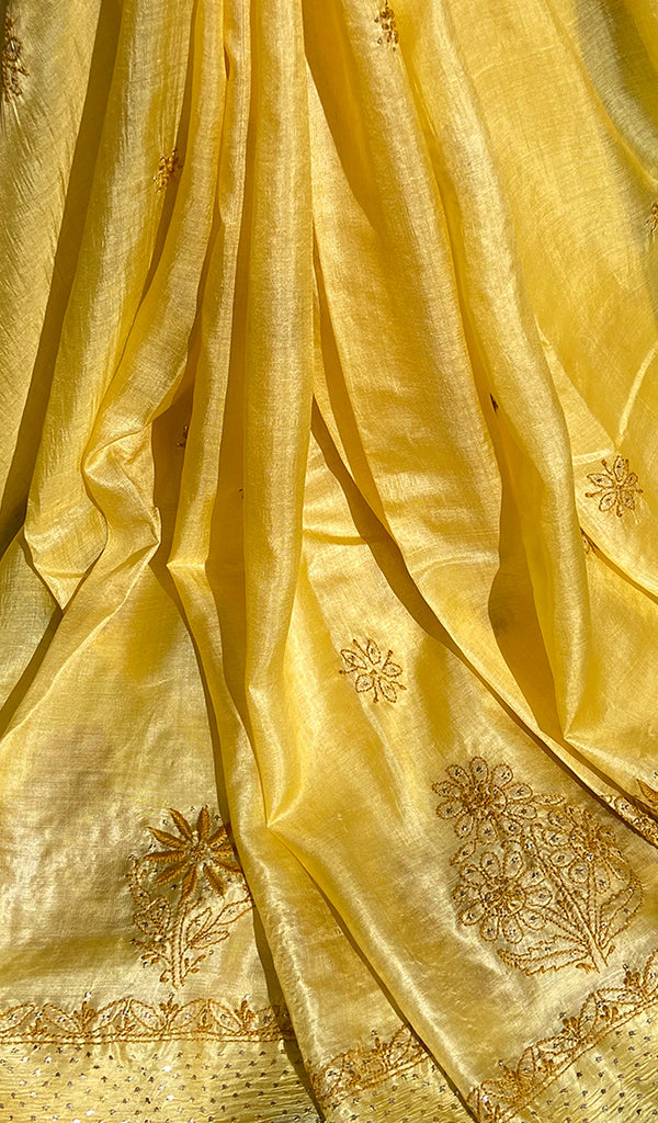 Women's Lakhnavi Handcrafted Tussar Silk Chikankari Saree - HONC0264385