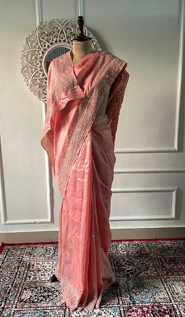 Women's Lakhnavi Handcrafted Tussar Silk Chikankari Saree - HONC0313448