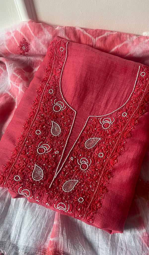 Women's Lucknowi Handcrafted Chanderi Silk Chikankari Full Suit Material - HONC0260944