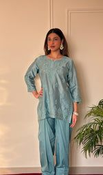 Anika Women's Lucknowi Handcrafted Chanderi Silk Chikankari Top with Farshi Salwar Set