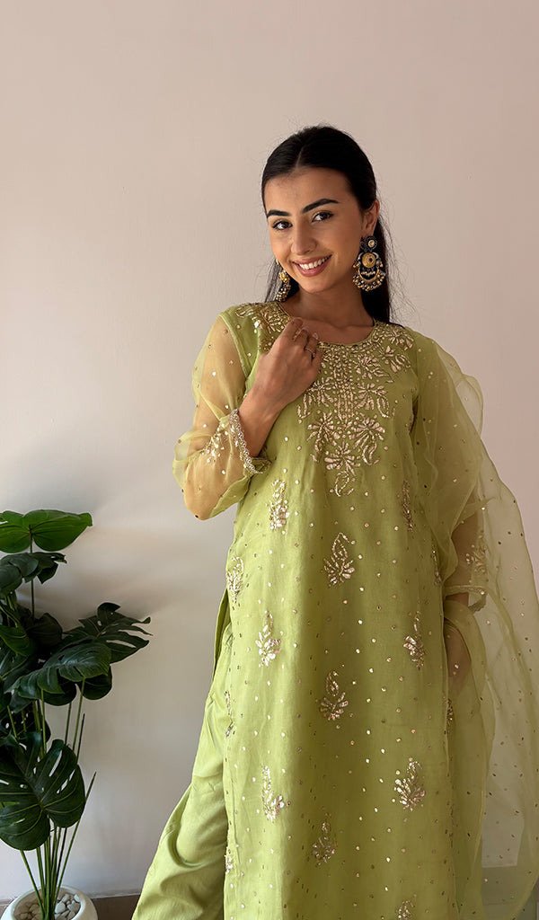 Women's Lucknowi Handcrafted Pure Organza Silk Stitched Chikankari Kurta, Dupatta With Pant Set- HONC0368444