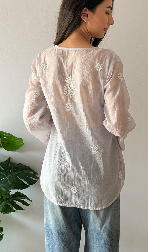 Vaanya Women's Lakhnavi Handcrafted Mul Chanderi Chikankari Top - HONC0373146
