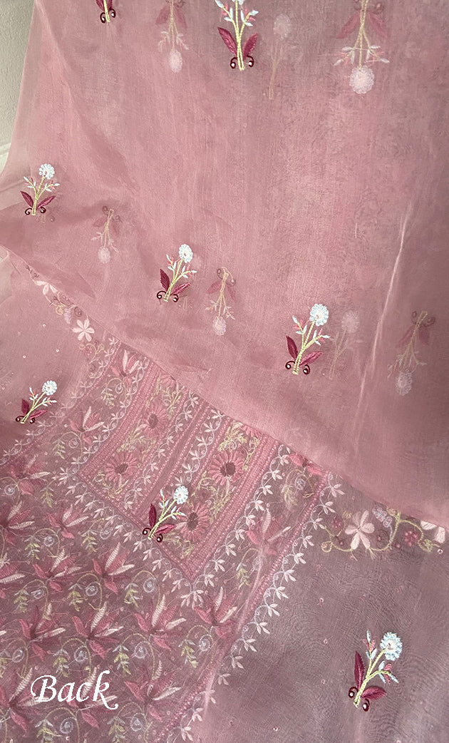 Women's Lakhnavi Handcrafted Pure Organza Chikankari Unstitched Kurta And Dupatta Set- HONC0339421