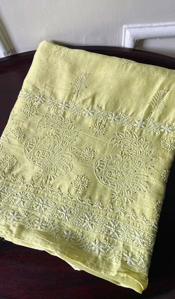 Lakhnavi 手工制作 Chanderi 丝绸 Chikankari 未缝合 Kurti 面料 - Honc091933