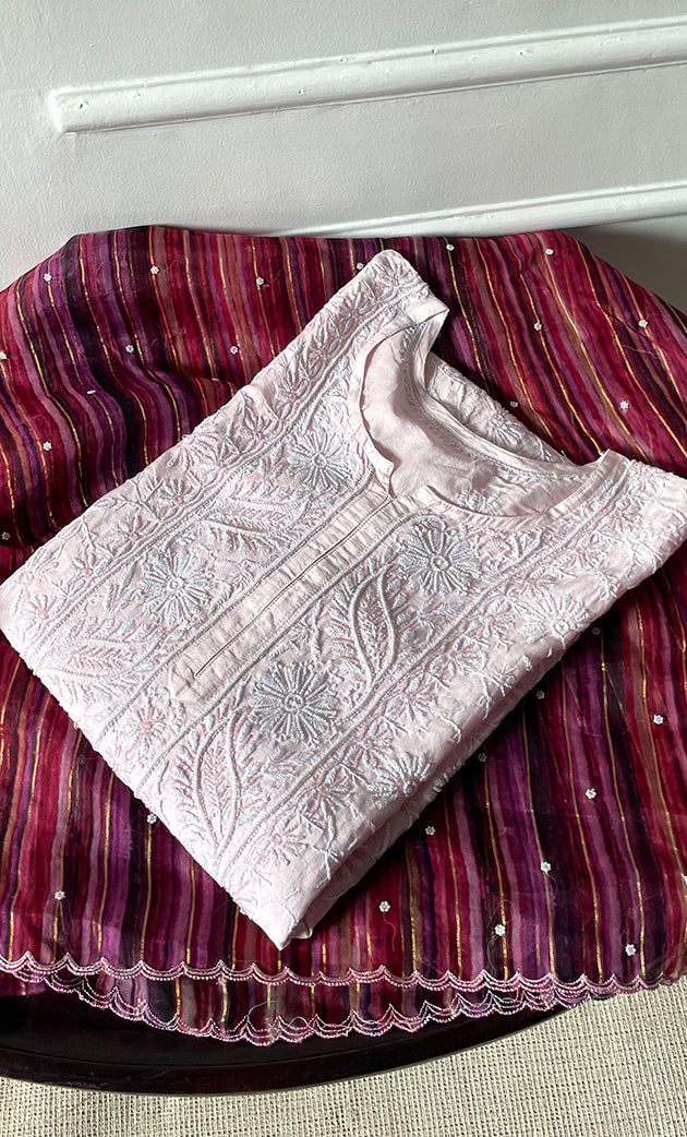 Women's Lakhnavi Handcrafted Chanderi Silk Semi - Stitched Kurta And Dupatta Set - HONC0312994