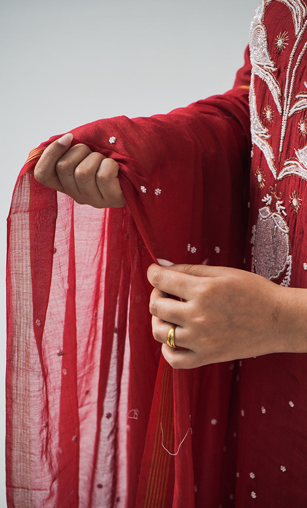 Women's Lakhnavi Handcrafted Mul Chanderi Chikankari Stitched Kurta, Dupatta And Pant Set - HONC0320723