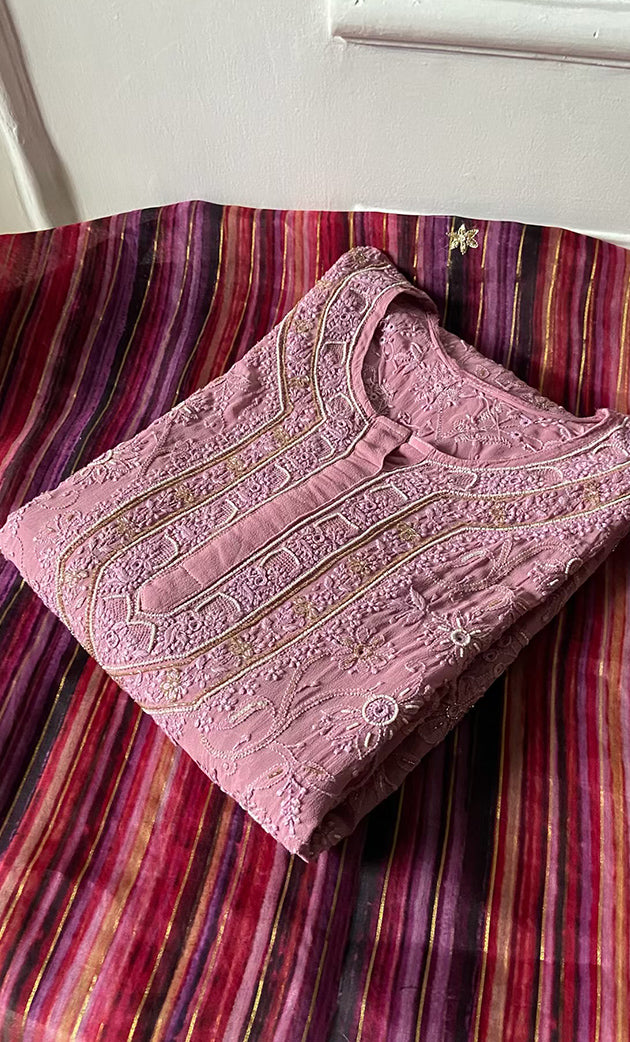 Women's Lakhnavi Handcrafted Pure Silk Georgette Semi - Stitched Chikankari Kurta And Dupatta Set - HONC0302216