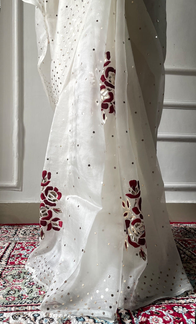 Women's Lucknowi Handcrafted Pure Organza Silk Chikankari Saree - HONC0329244