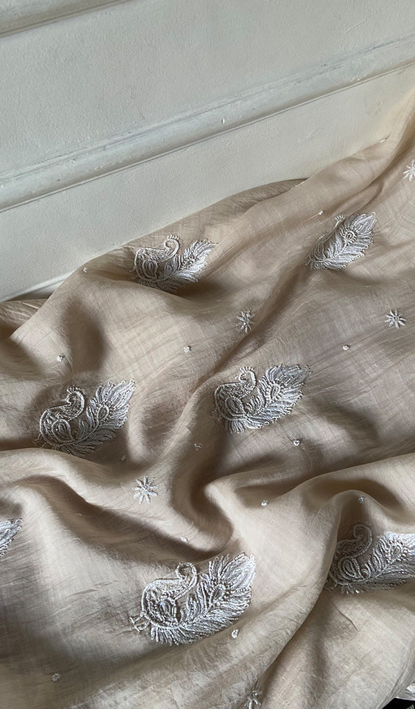 Women's Lakhnavi Handcrafted Mul Chanderi Unstitched Kurta And Dupatta Set - HONC0355589
