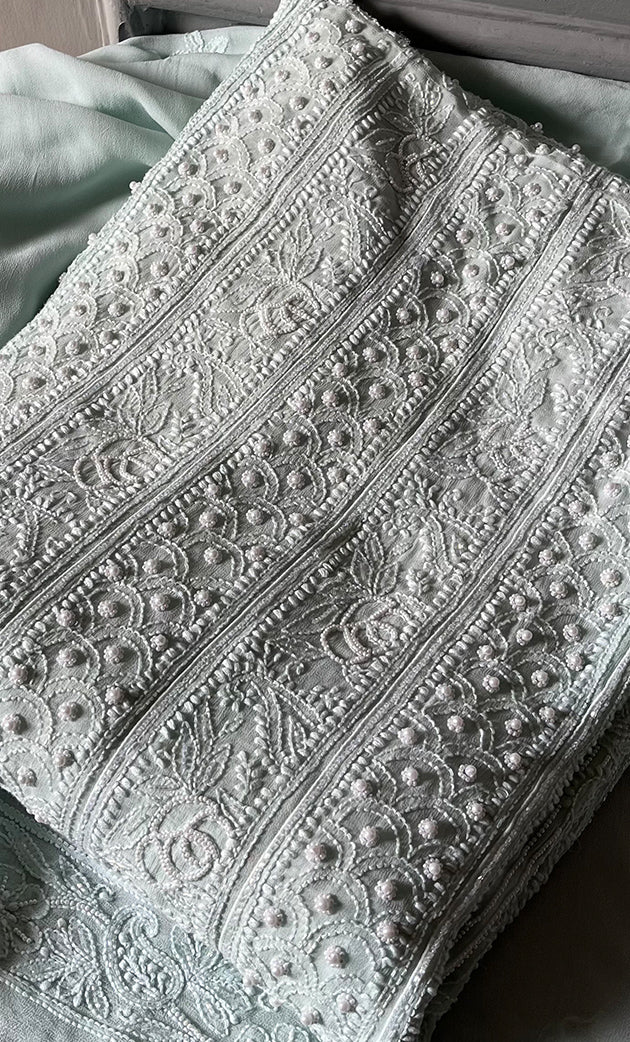Women's Lakhnavi Handcrafted Viscose Georgette Unstitched Chikankari Anarkali  Suit Material - HONC0304690