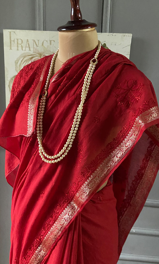 Women's Lakhnavi Handcrafted Chanderi Silk Chikankari Saree - HONC0307132