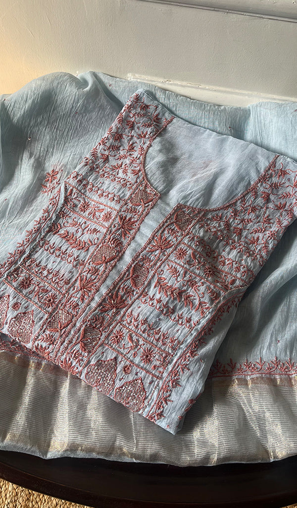 Women's Lakhnavi Handcrafted Mul Chanderi Semi - Stitched Kurta And Dupatta Set - HONC0277638