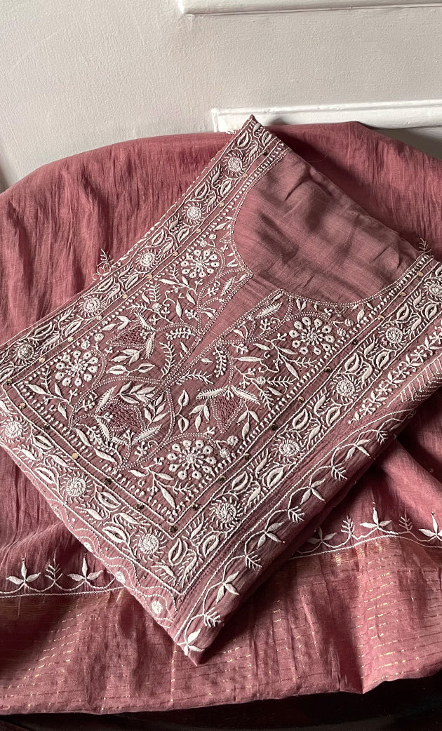 Women's Lakhnavi Handcrafted Mul Chanderi Semi -stitched Chikankari Full Suit Material - HONC0296115