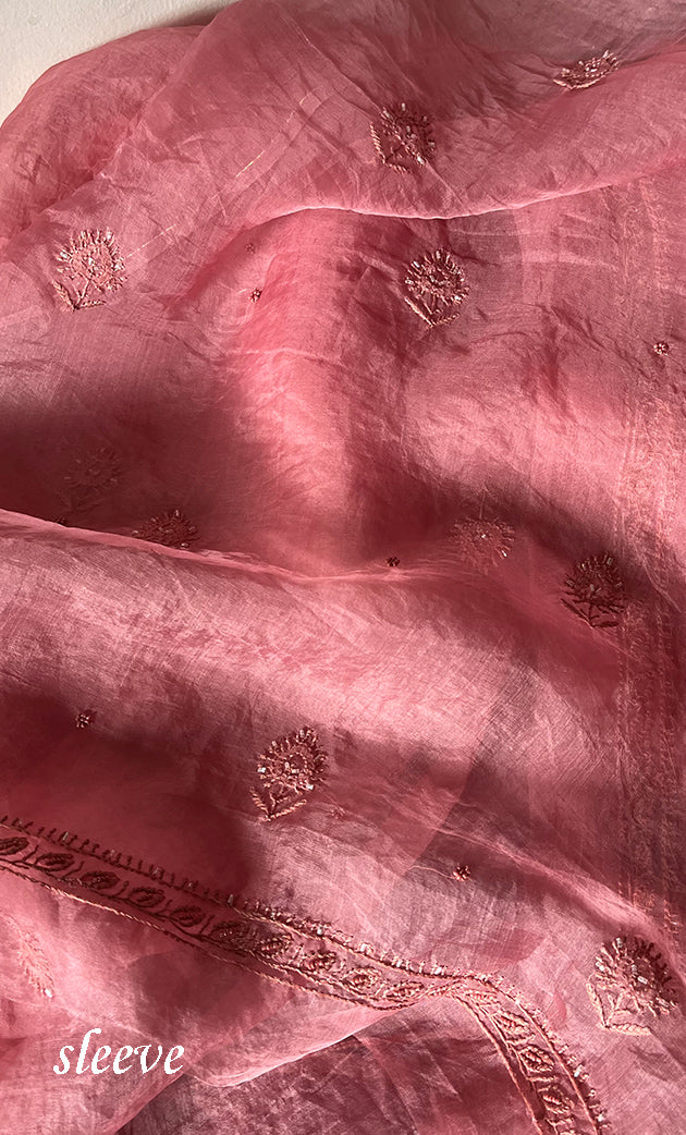 Women's Lakhnavi Handcrafted Pure Organza Chikankari Unstitched Kurta And Dupatta Set- HONC0294428