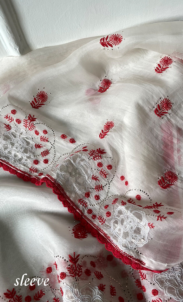 Women's Lakhnavi Handcrafted Pure Organza Chikankari Unstitched Kurta And Dupatta Set- HONC0320491