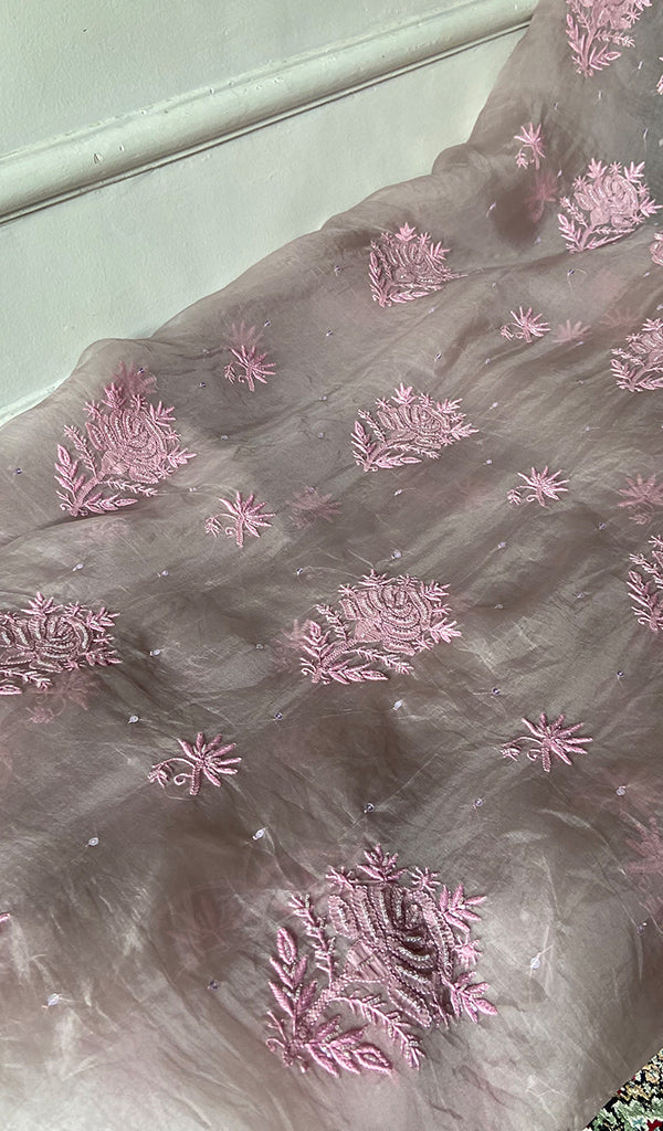 Women's Lakhnavi Handcrafted Pure Organza Chikankari Unstitched Kurta And Dupatta Set- HONC0361456