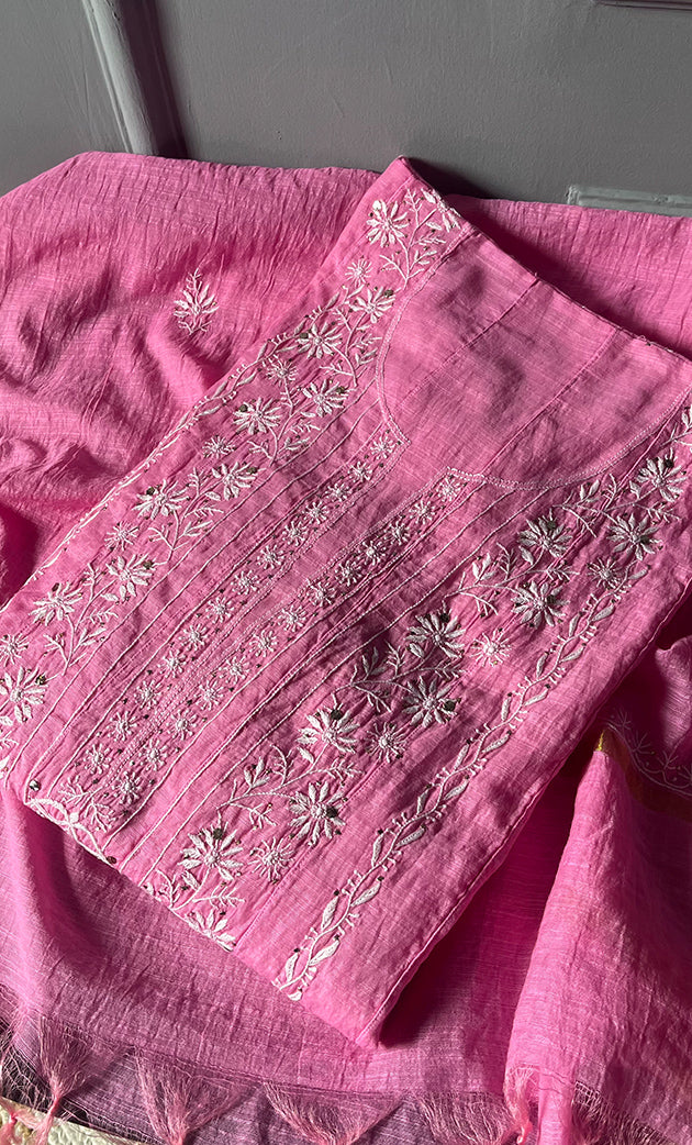 Women's Lakhnavi Handcrafted Linen Cotton Semi -Stitched Anarkali And Dupatta Set - HONC0273157