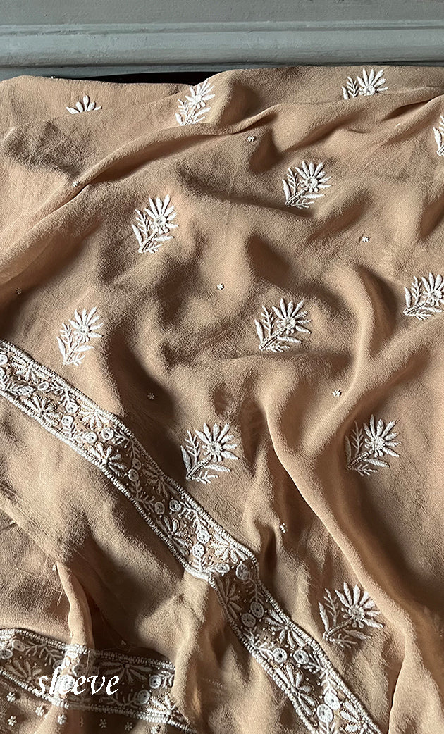 Women's Lakhnavi Handcrafted Pure Silk Georgette Chikankari Kurta And Dupatta Set - HONC0291000