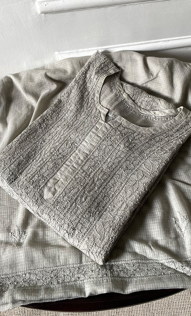 Women's Lakhnavi Handcrafted Kota Cotton Semi - Stitched Kurta And Dupatta Set- HONC0314212