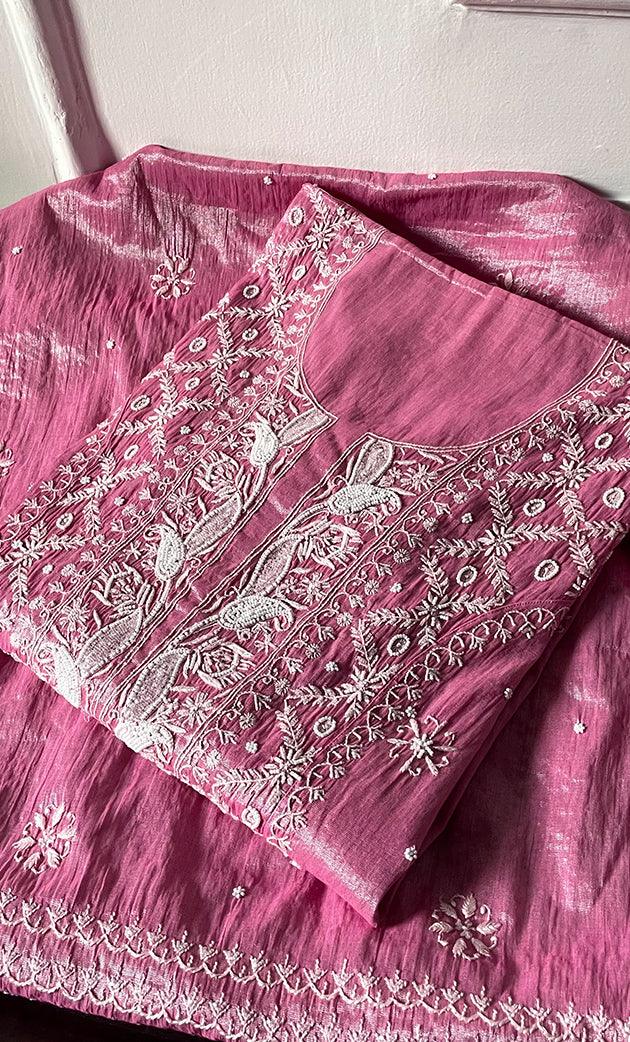 Women's Lakhnavi Handcrafted Tissue Chanderi Semi-Stitched Anarkali And Dupatta Set - HONC0323636