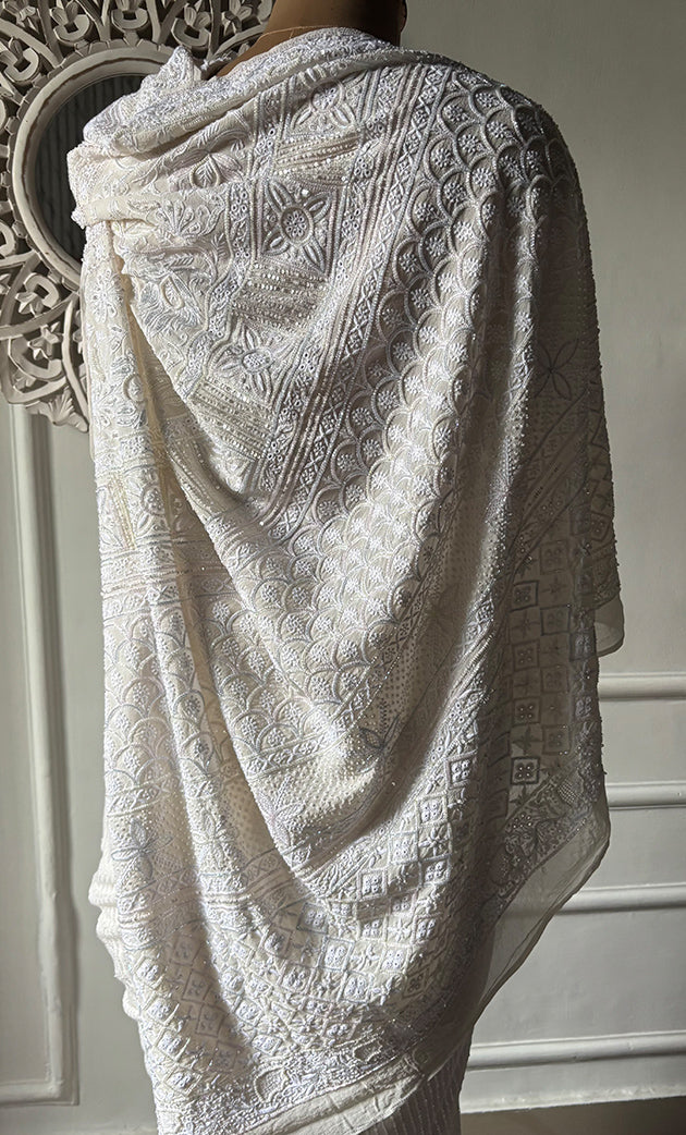 Women's Lakhnavi Handcrafted Pure Silk Georgette Chikankari Saree - HONC0313293