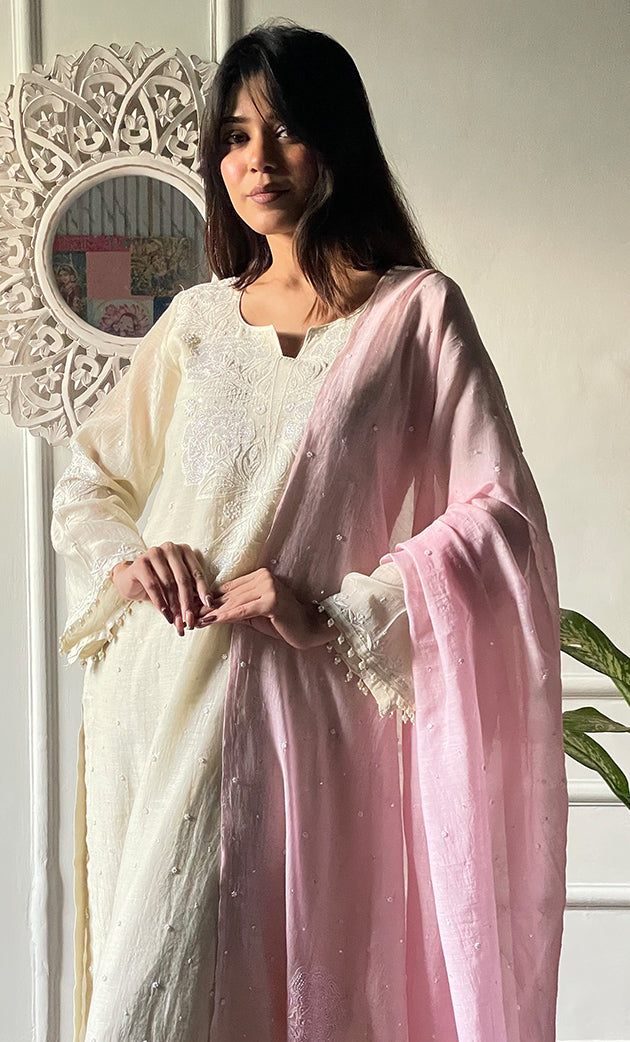 Women's Lakhnavi Handcrafted Mul Chanderi Chikankari Stitched Kurta, Dupatta And Pant Set - HONC0324259