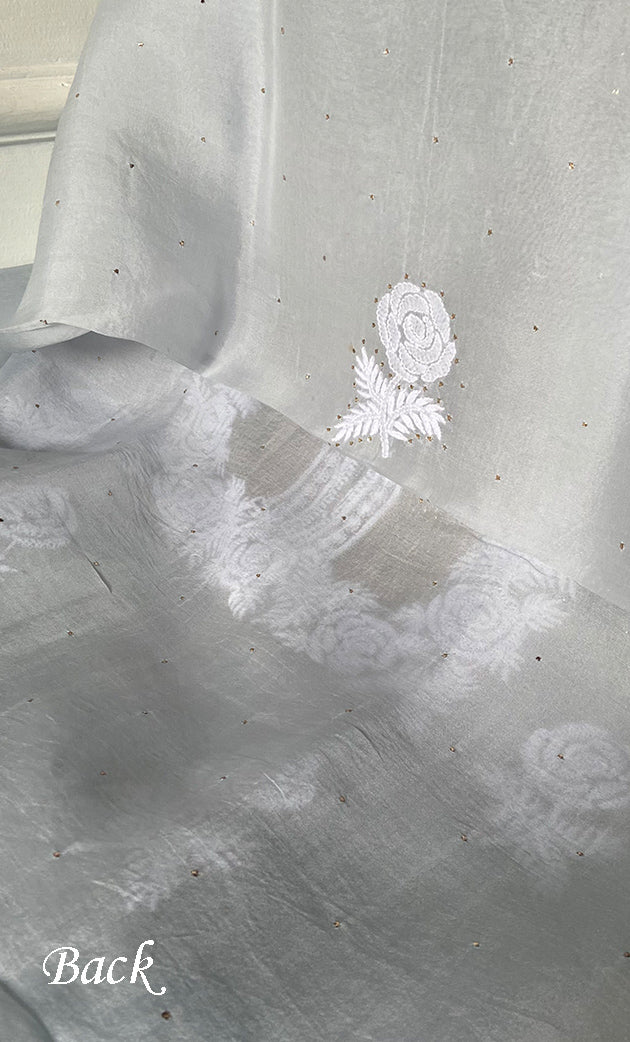 Rose Women's Lakhnavi Handcrafted Pure Organza Chikankari Unstitched Kurta And Dupatta Set- HONC0337709