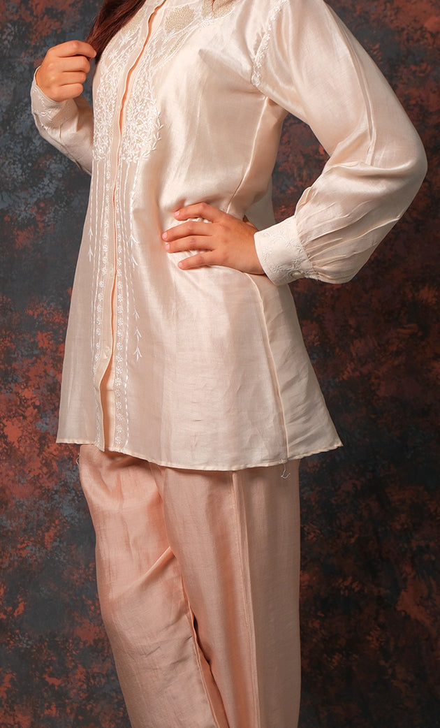 Women's Lakhnavi Handcrafted Chanderi Silk Chikankari Top And Pant Set - HONC0310746