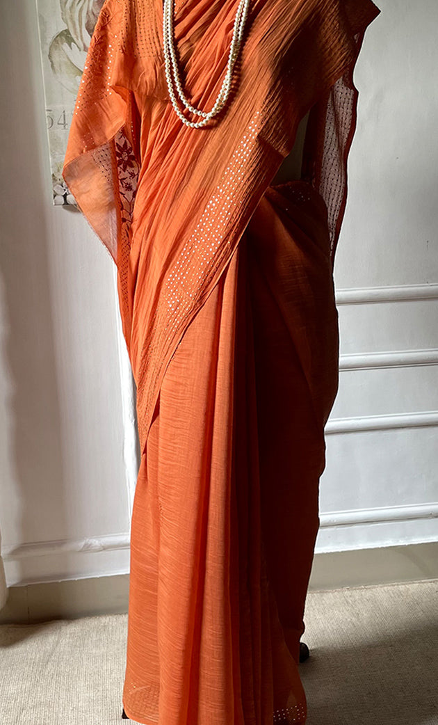 Women's Lakhnavi Handcrafted Mul Chanderi Chikankari Saree - HONC0317893