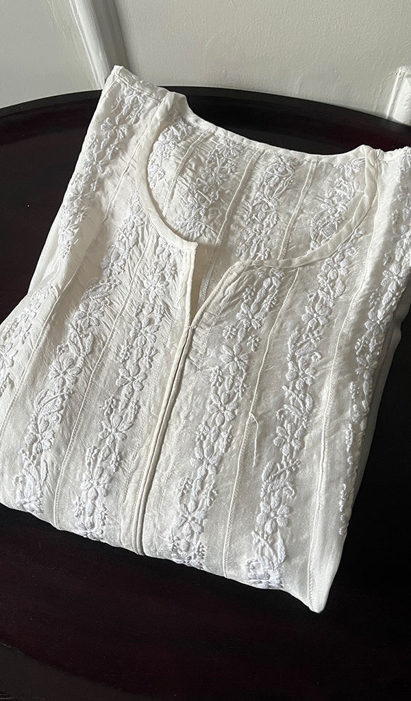 Women's Lakhnavi Handcrafted Chanderi Silk Chikankari Unstitched Anarkali Fabric - HONC0135243