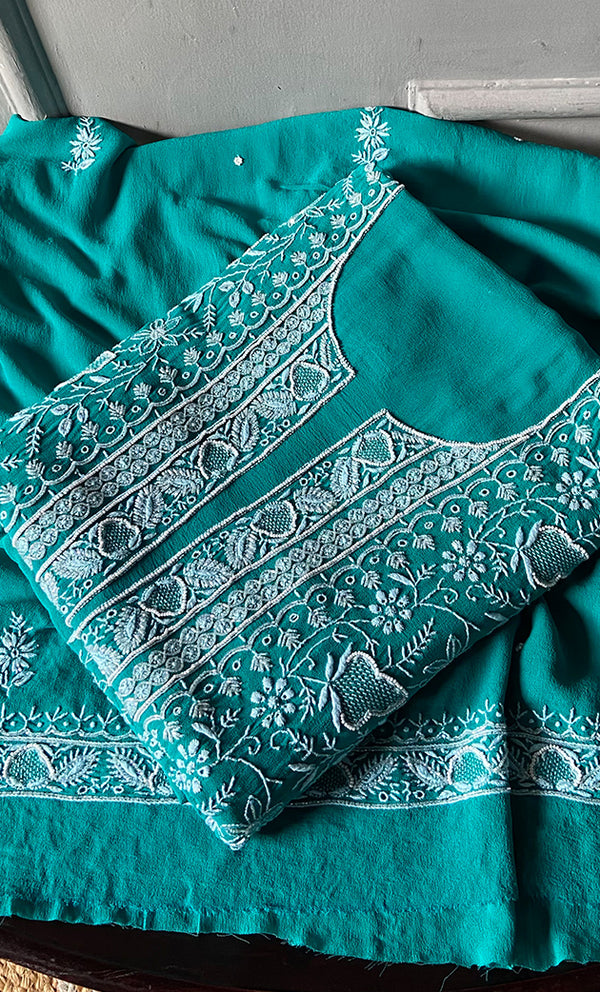 Women's Lakhnavi Handcrafted Pure Silk Georgette Chikankari Kurta And Dupatta Set- HONC0258089