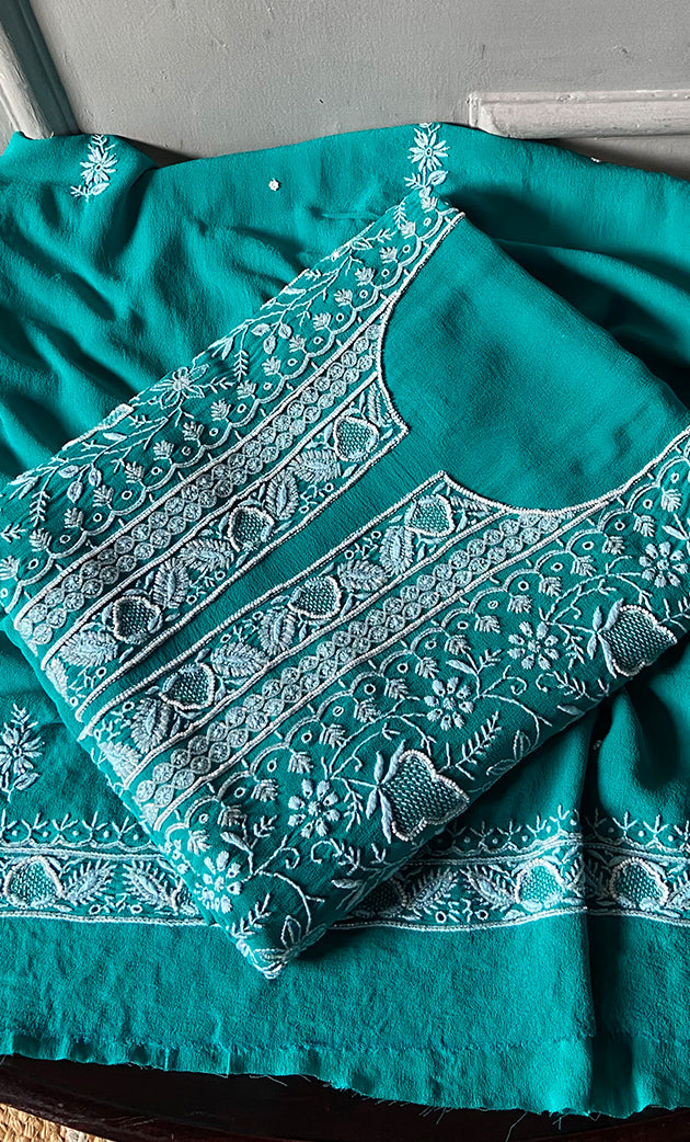 Women's Lakhnavi Handcrafted Pure Silk Georgette Chikankari Kurta And Dupatta Set- HONC0258089