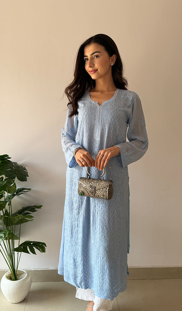 Yusra Women's Lakhnavi Handcrafted Viscose Georgette Chikankari Kurti- HONC0268917