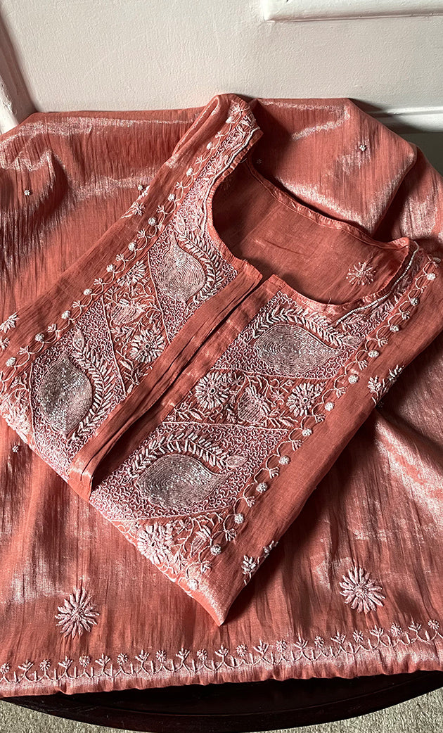 Women's Lakhnavi Handcrafted Tissue Chanderi Semi-Stitched Anarkali And Dupatta Set - HONC0323638