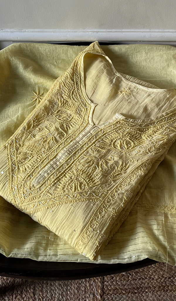 Women's Lakhnavi Handcrafted Mul Chanderi Chikankari Semi Stitched Kurta And Dupatta Set- HONC0277648