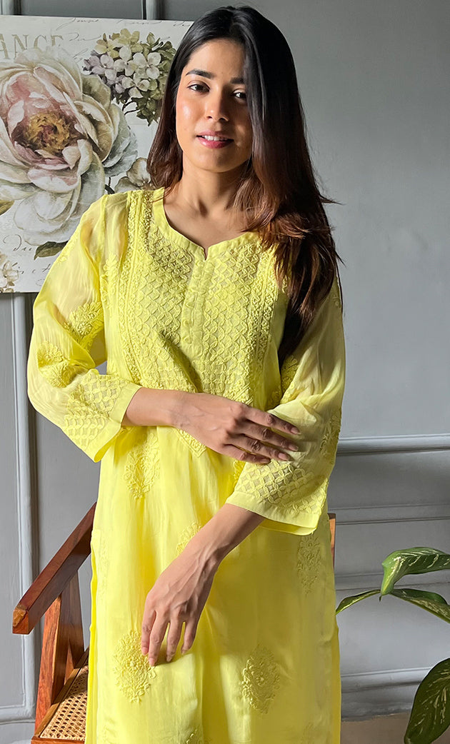 Umnaaz Women's Lakhnavi Handcrafted Organza Chikankari Kurti- HONC0115941