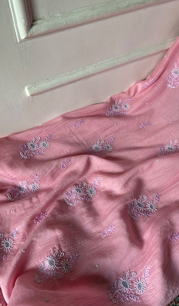 Women's Lakhnavi Handcrafted Mul Chanderi Unstitched Chikankari Full Suit - HONC0354708