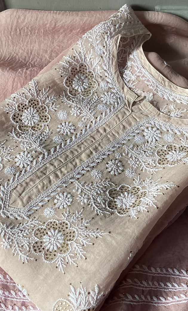 Women's Lakhnavi Handcrafted Pure Organza Chikankari Semi - stitched Kurta And Dupatta Set- HONC0288872