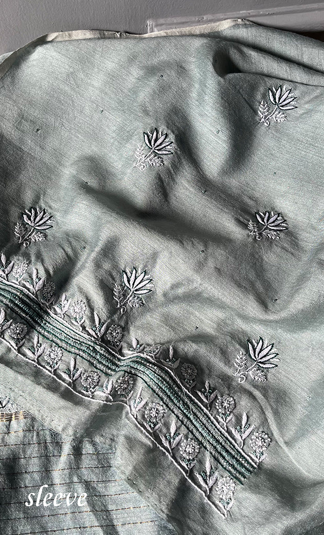 Women's Lakhnavi Handcrafted Munga Silk Unstitched Chikankari Kurta And Dupatta Set- HONC0199320