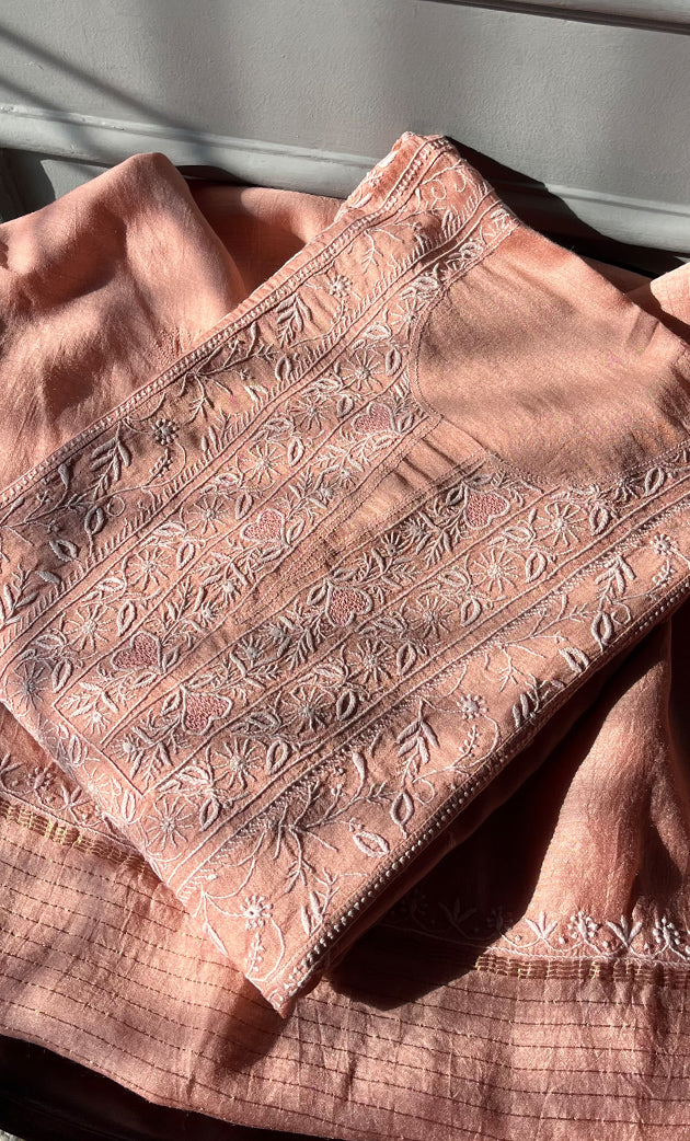 Women's Lakhnavi Handcrafted Munga Silk Semi - Stitched Chikankari Anarkali  And Dupatta Set- HONC0266160