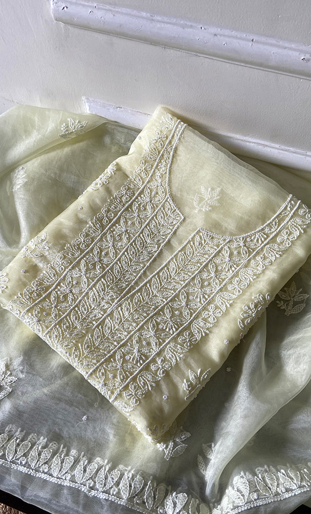 Women's Lakhnavi Handcrafted Organza Chikankari Unstitched Full Suit Material - HONC0287044